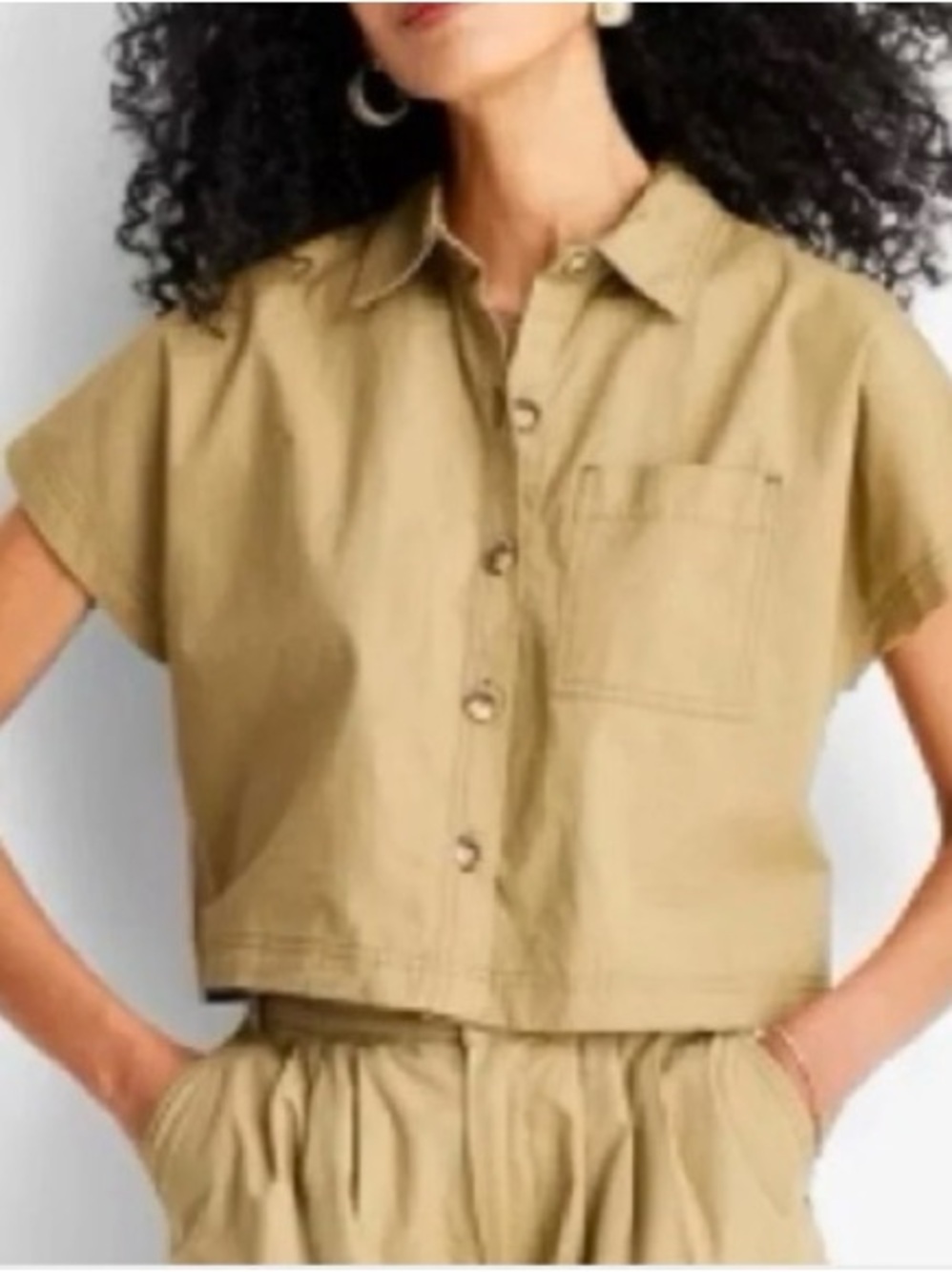 FUTURE COLLECTIVE Khaki Cropped Cotton Boxy Button Down Shirt Women’s XL